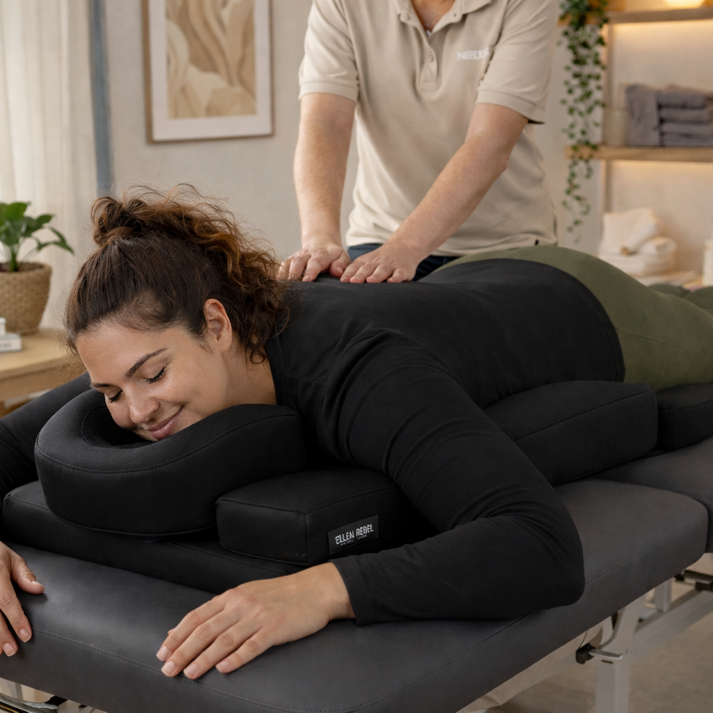 Vrouw met grote borsten ligt comfortabel op speciaal kussen tijdens behandeling van nek en bovenrug