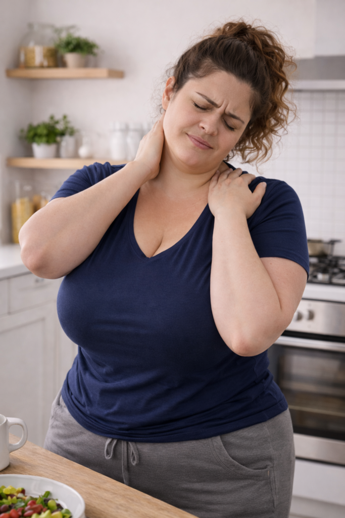 Vrouw met grote borsten heeft nek- en schouderpijn door overbelasting van de bovenrug