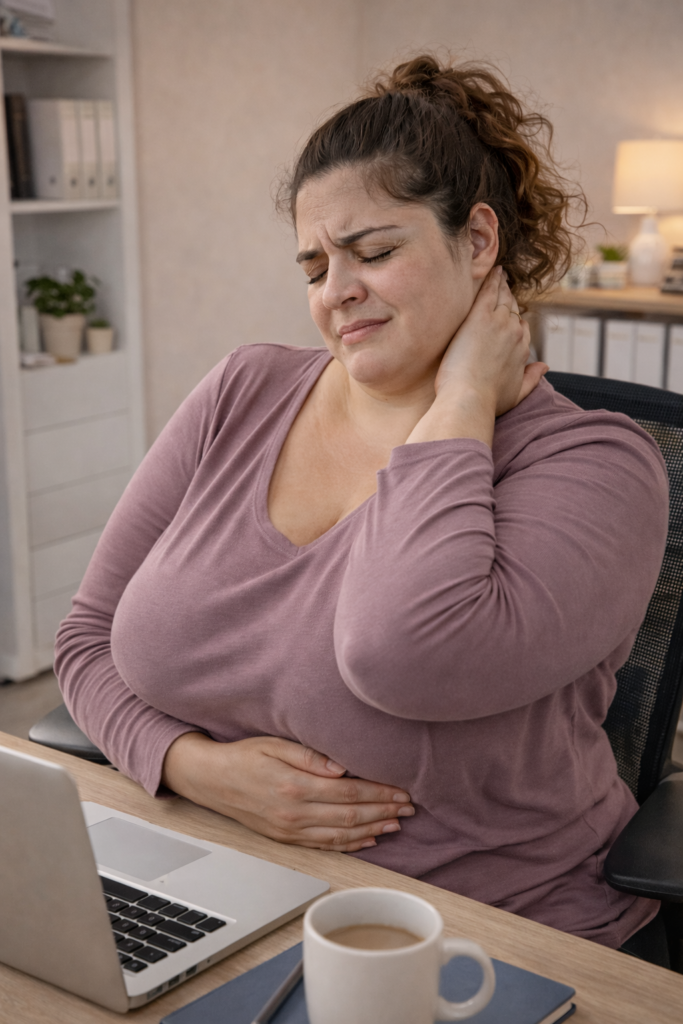 Vrouw met grote borsten ervaart nekklachten tijdens zittend werk aan bureau