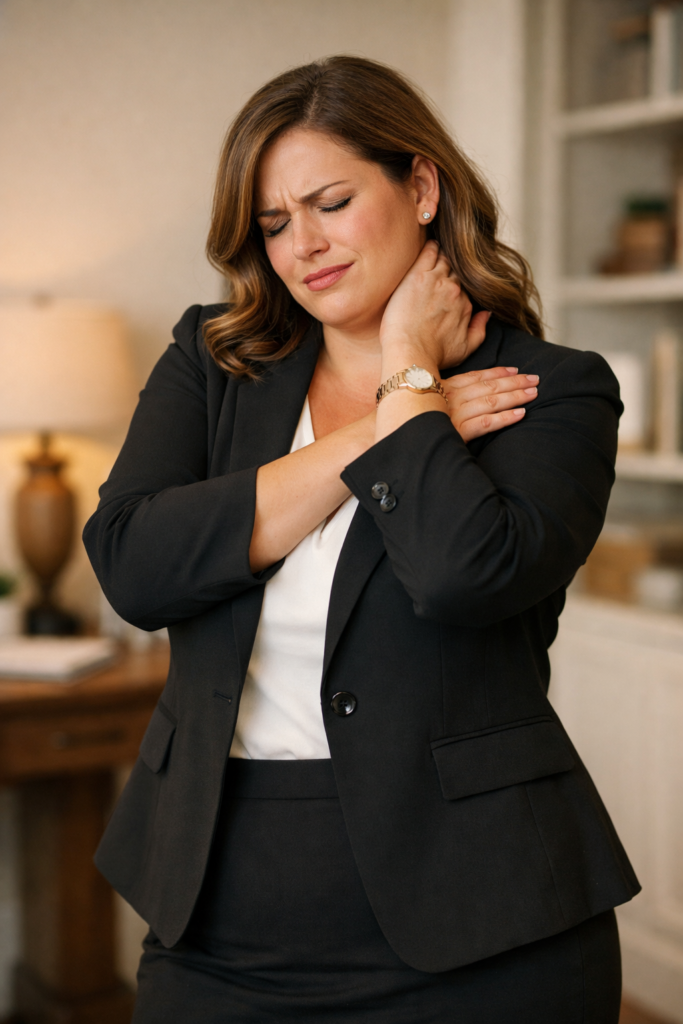 vrouw in mantelpakje met duidelijke nek- en schouderklachten