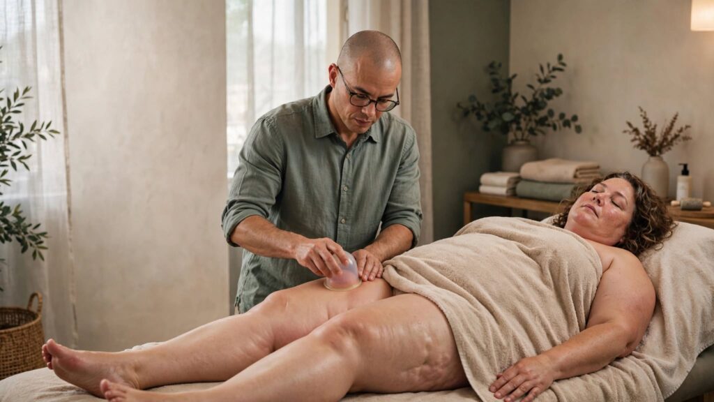 Bindweefselmassage met soft cupping op het bovenbeen van een vollere vrouw