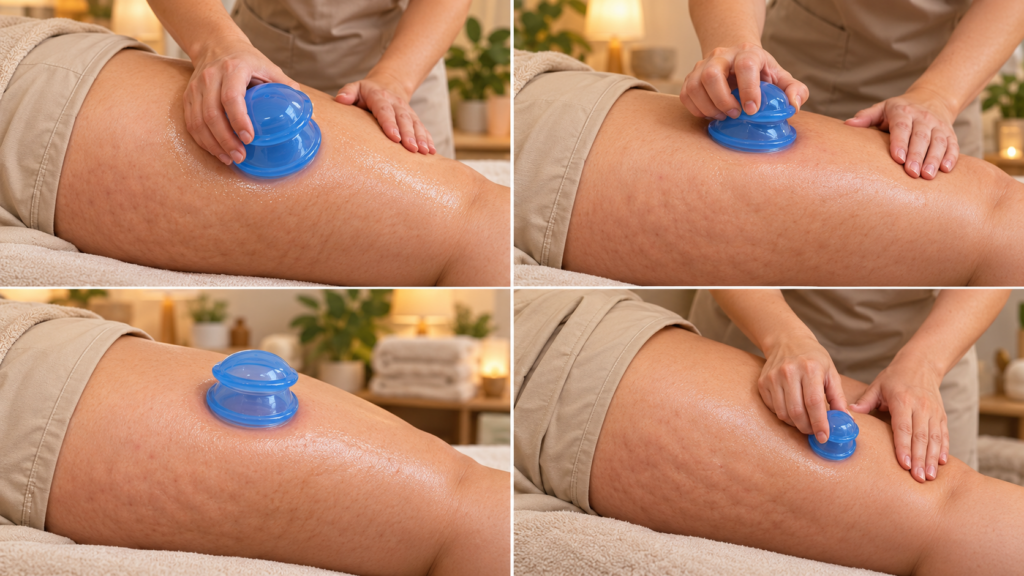 Vier zachte cuppingtechnieken met silicone cups op een voller bovenbeen