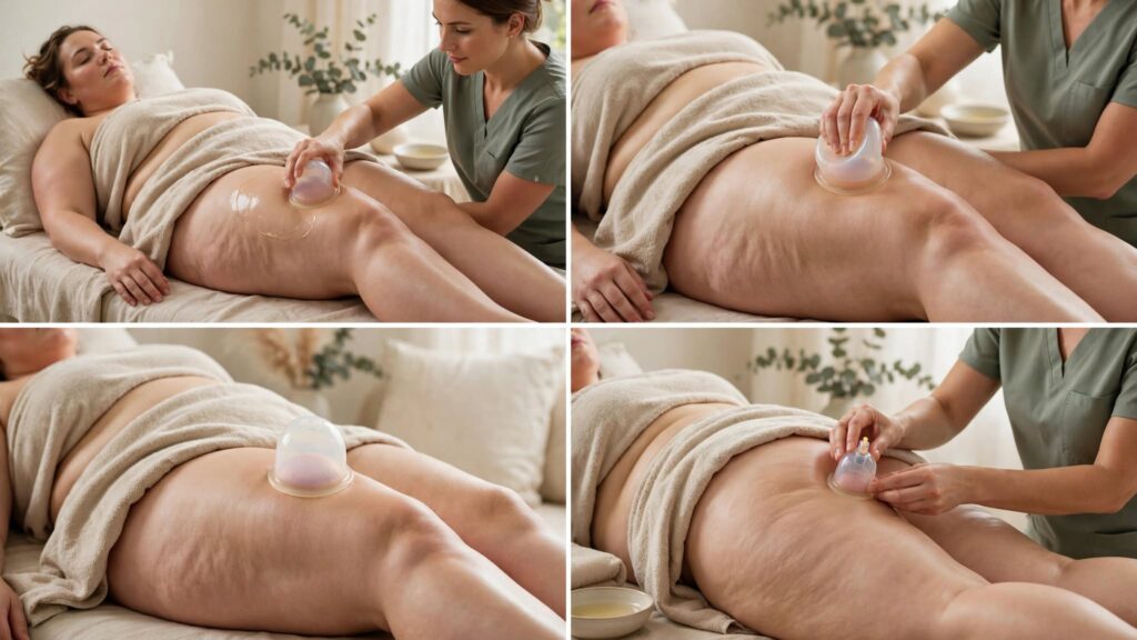 Vier zachte cuppingtechnieken met silicone cups op een voller bovenbeen