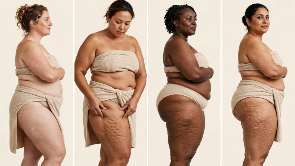 Vier voorbeelden van verschillende gradaties van cellulite op vollere bovenbenen