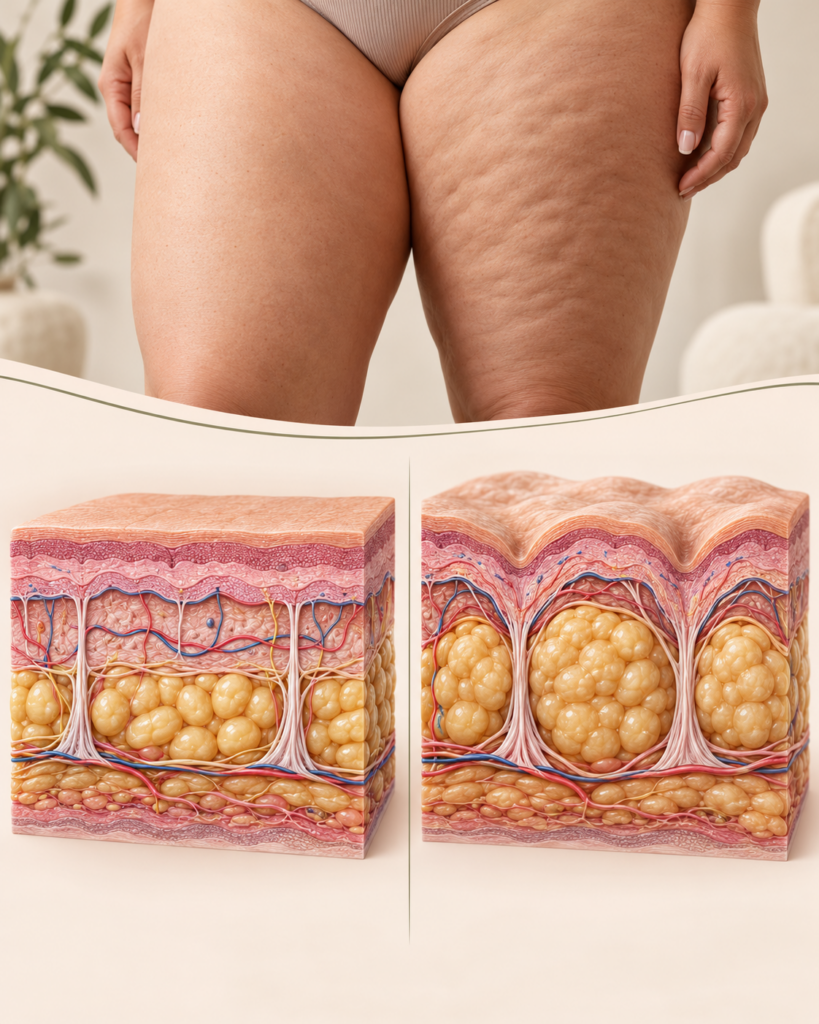 Illustratie van normale huid en huid met cellulite met onderhuids vet en bindweefsel